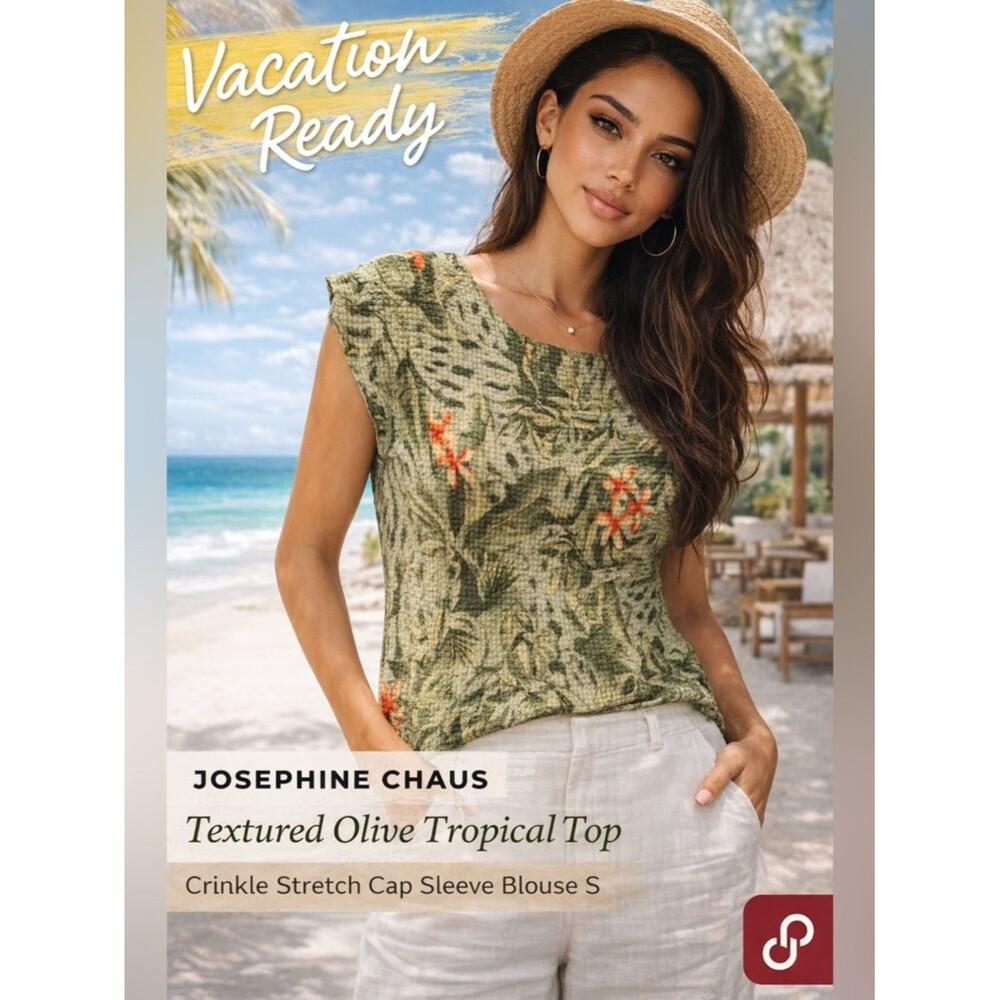 Textured Olive Tropical Resort Top Crinkle Stretch Cap Sleeve S Vaca Y2K